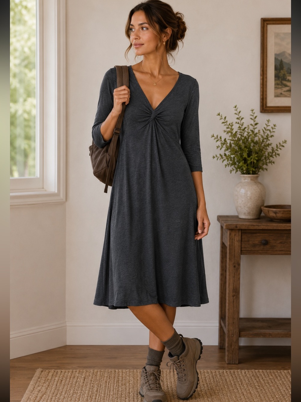 Horry toad gray v neck midi dress size large new hiking, camping, casual